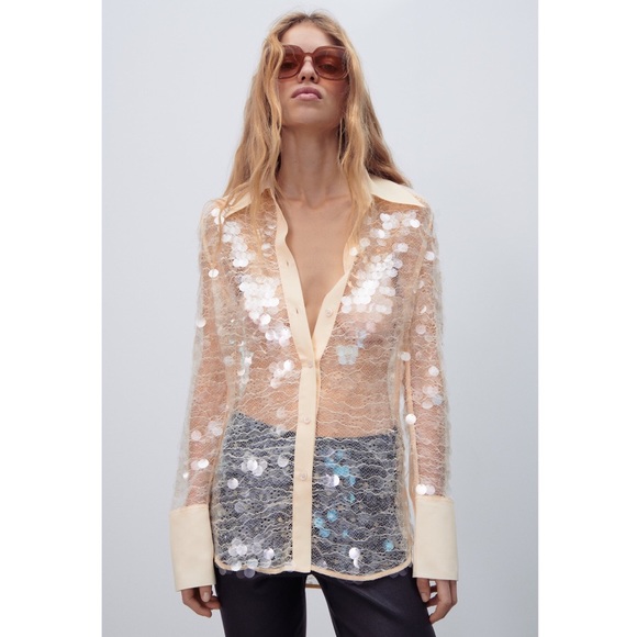 Zara Sequin Button Down semi sheer Cream Shirt Top sz.M - Picture 3 of 16